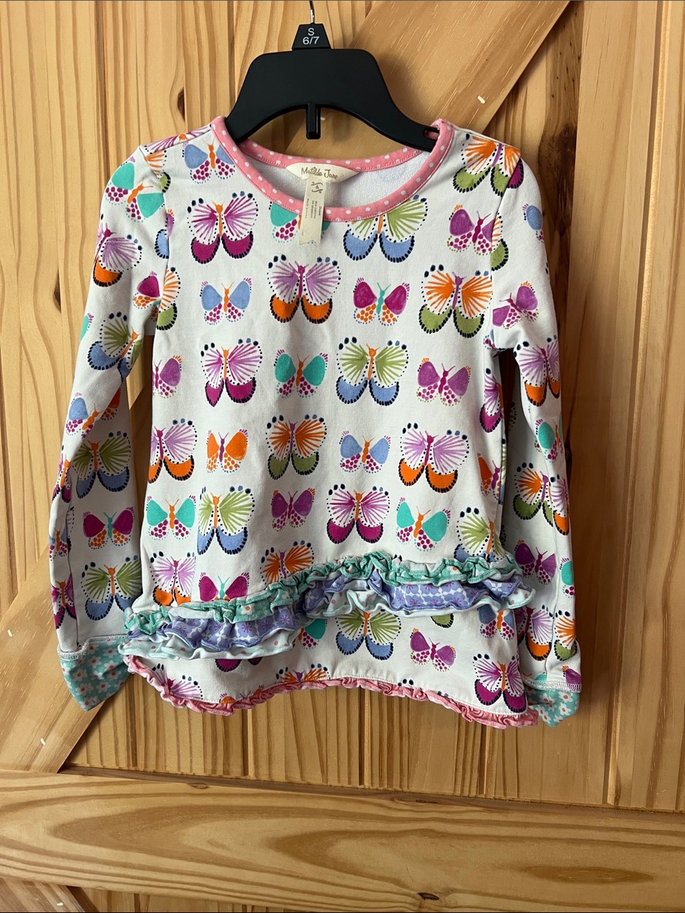 Matilda Jane White Long-Sleeve Butterfly Ruffle Top with Multicolor Print